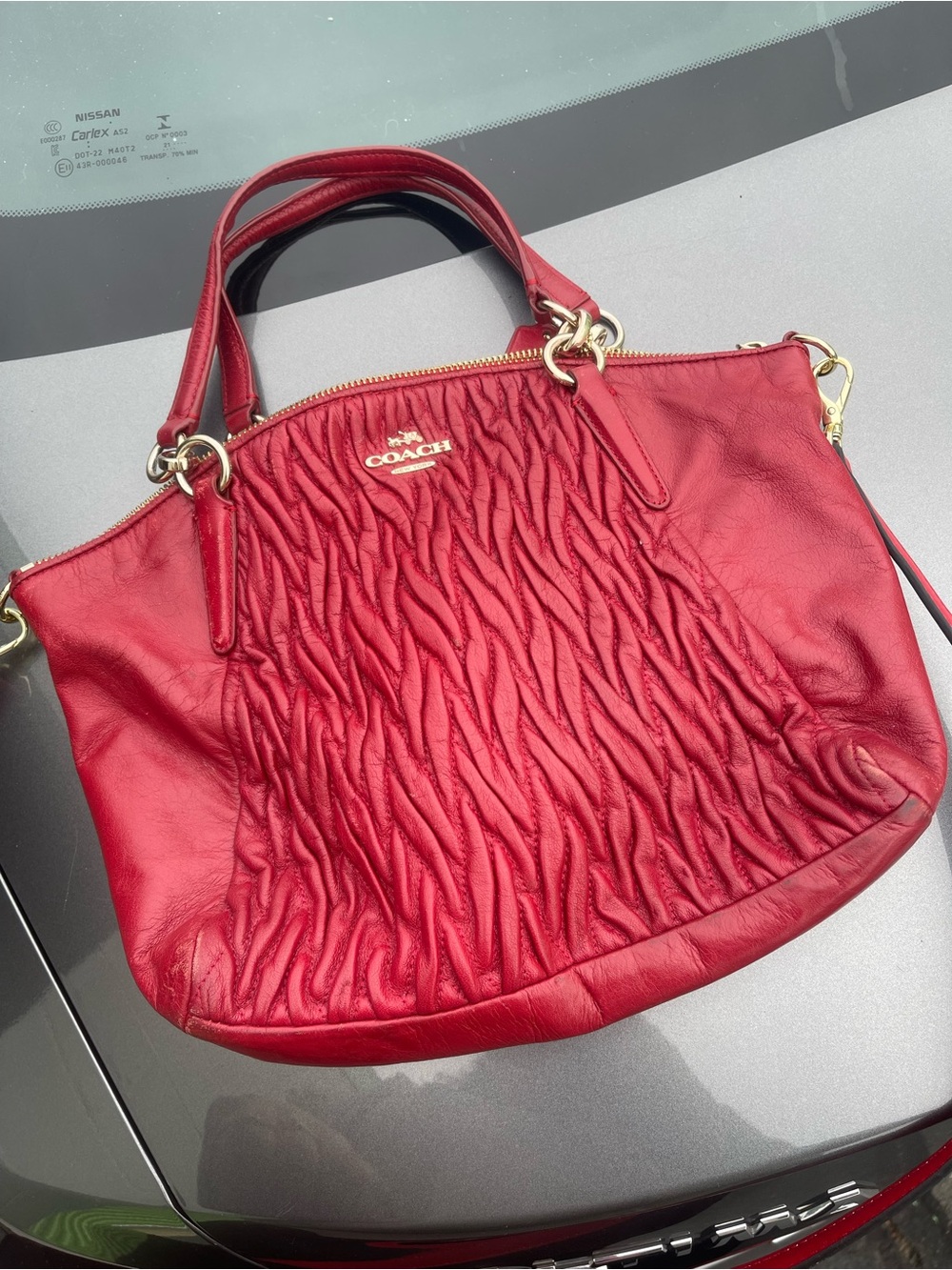 Coach Red Gathered Leather Shoulder Bag with Gold Hardware